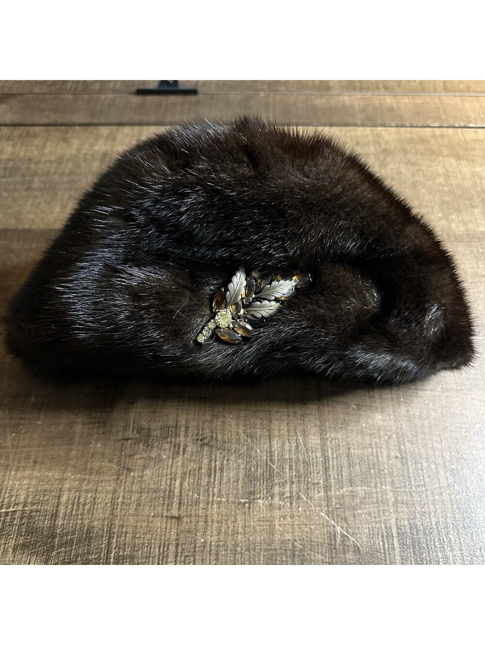 Vintage 1950s Brown Fur Hat Rhinestone Leaf Cocktail Pillbox Union Made USA